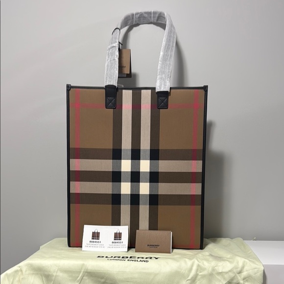 Burberry Brown and Red Designer Bags with Iconic Check Pattern - Picture 1 of 7